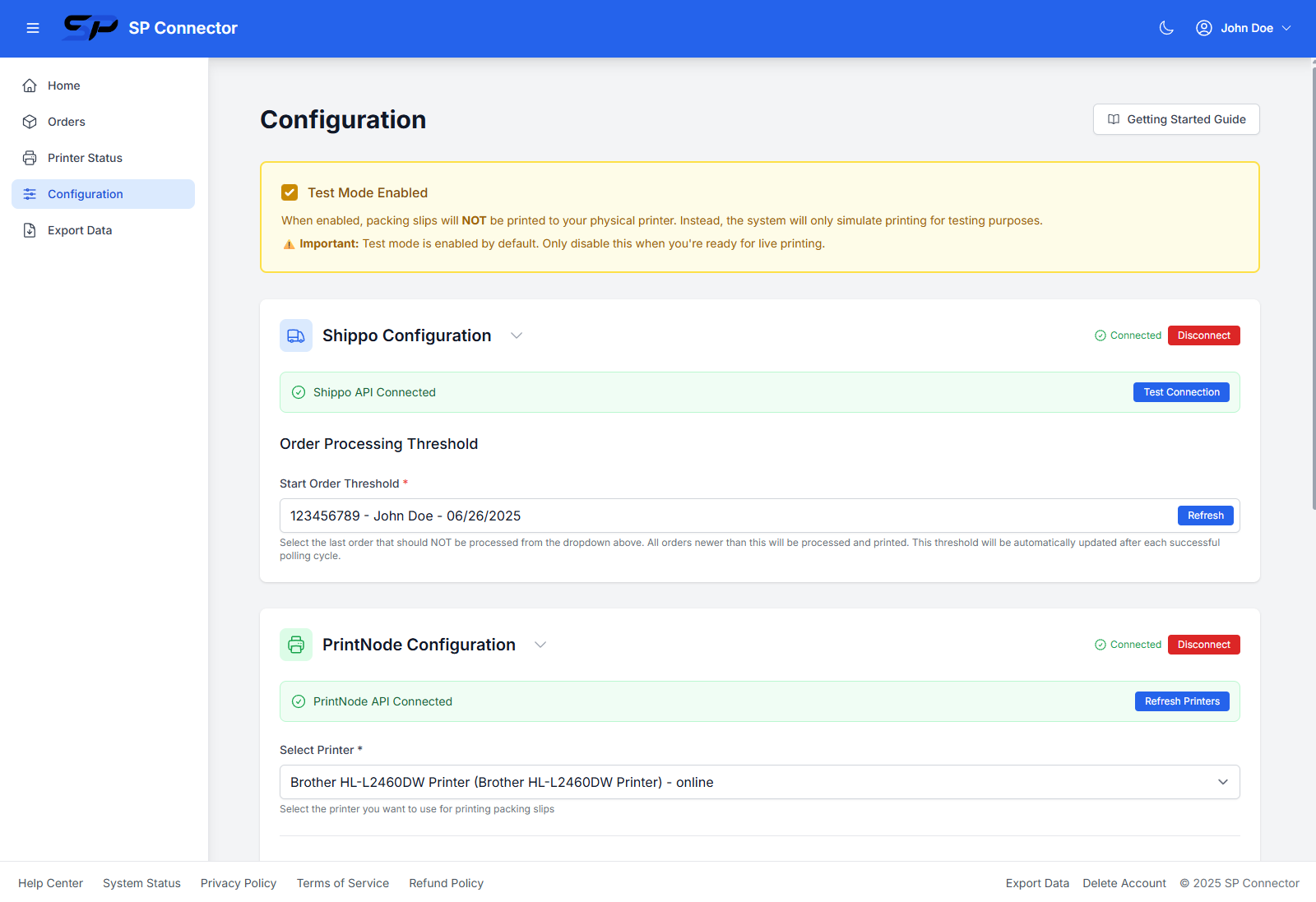 SPConnector Configuration page showing Shippo API connection, order processing threshold, and PrintNode printer selection