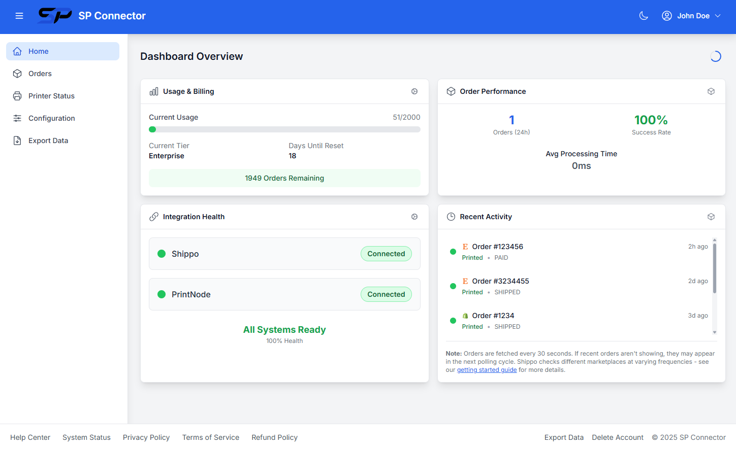 SPConnector Dashboard showing order status, integration health, and recent activity