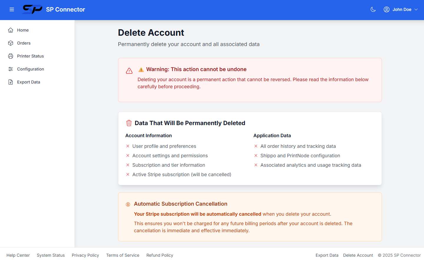 SPConnector Delete Account page showing comprehensive data deletion information and warnings