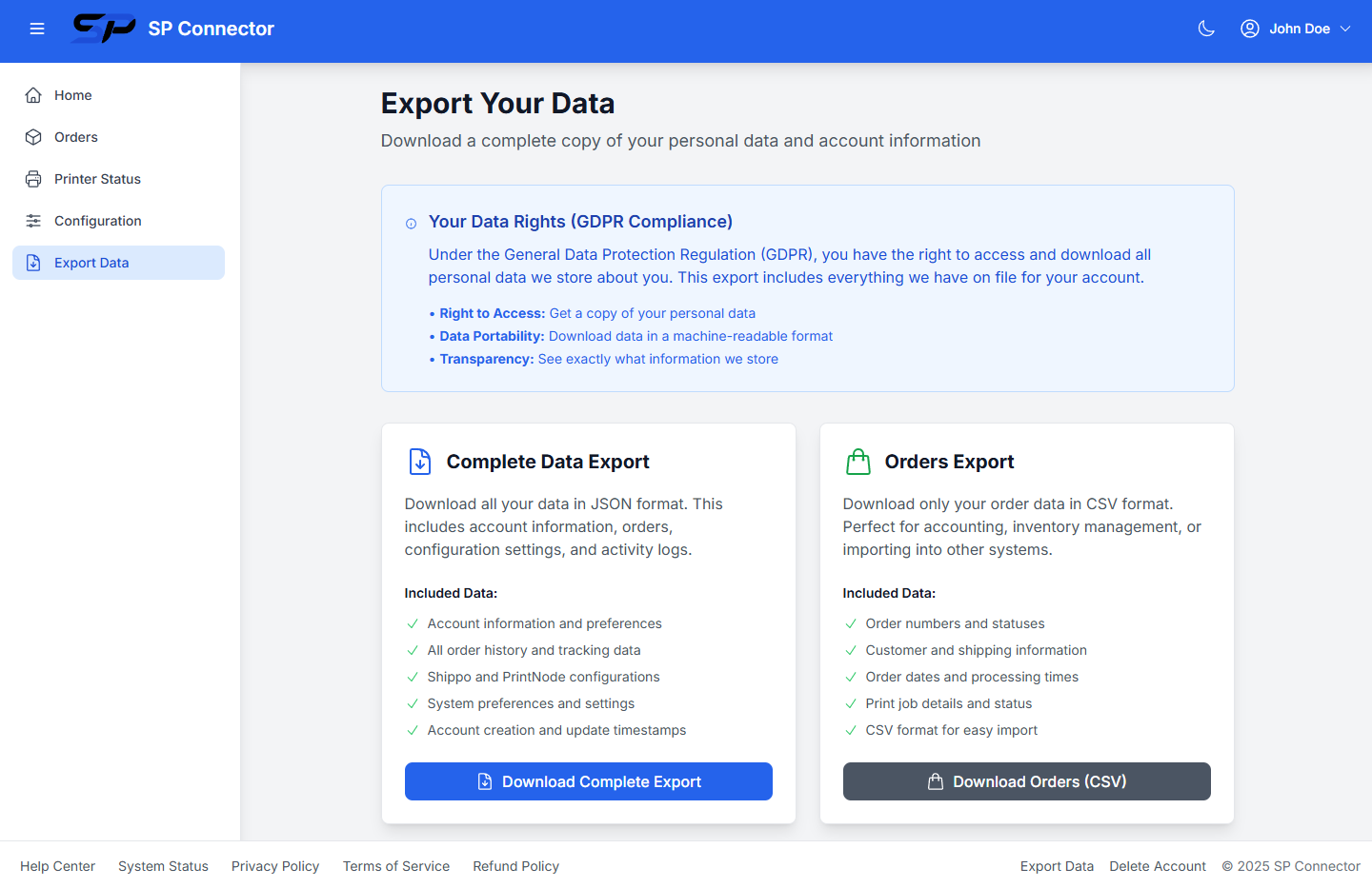 SPConnector Export Data page showing GDPR compliance and complete data download options