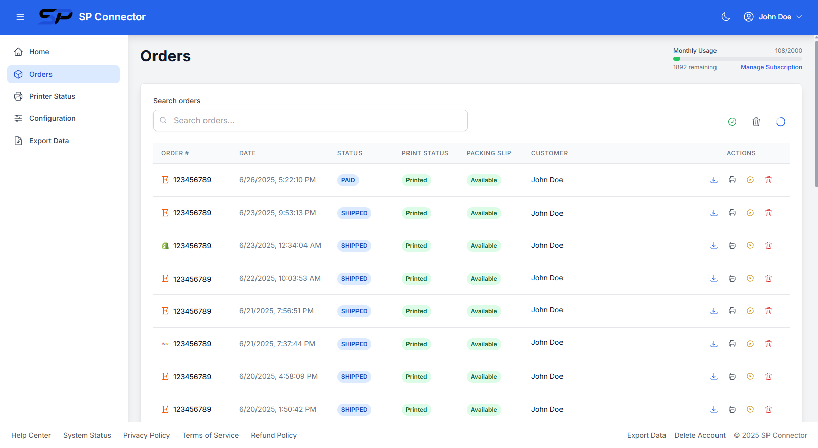 SPConnector Orders page showing order history, search functionality, and management controls
