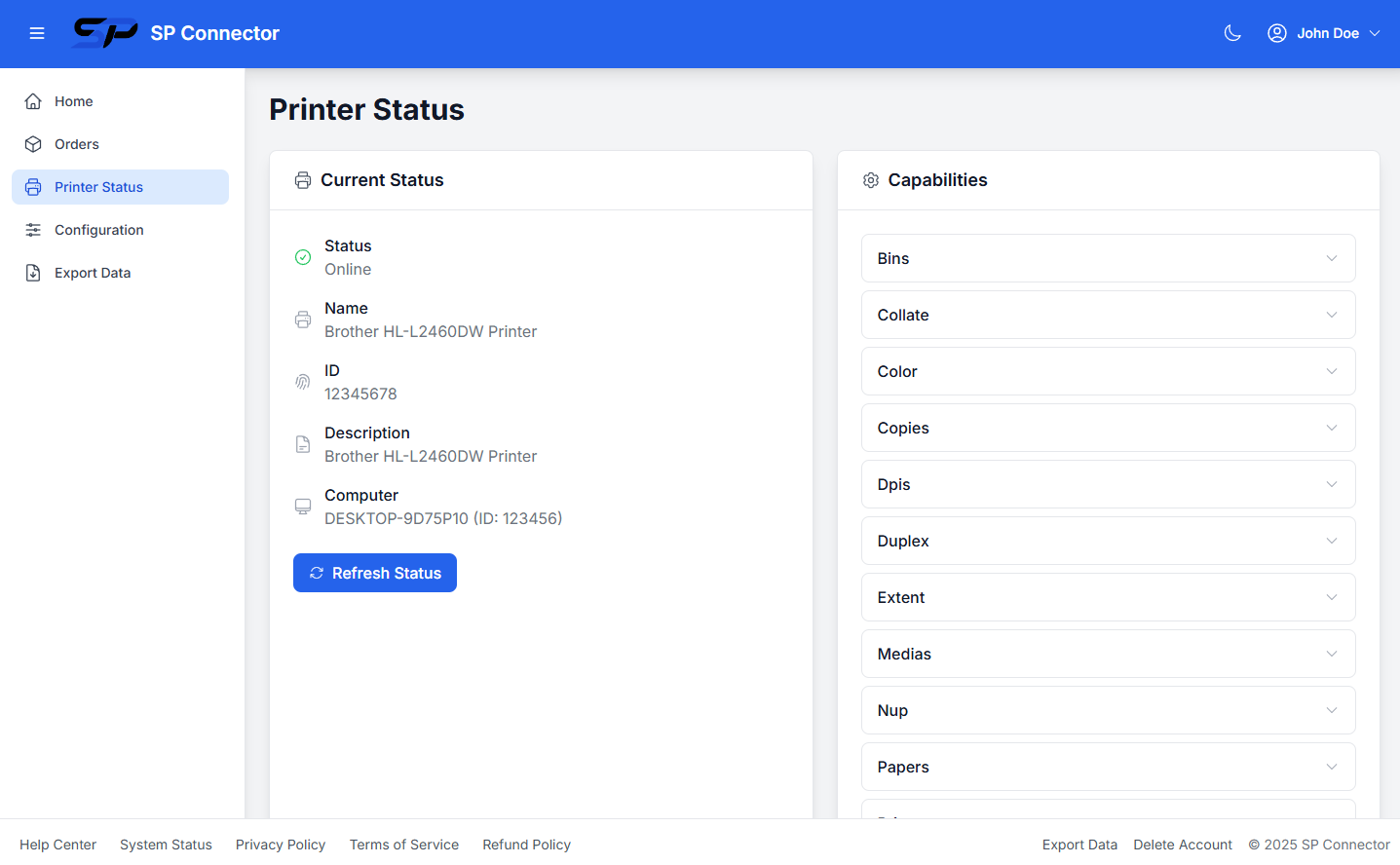 SPConnector Printer Status page showing printer details, online status, and comprehensive capabilities